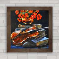 Quadro decorativo com imagem pôster de violino e flores .