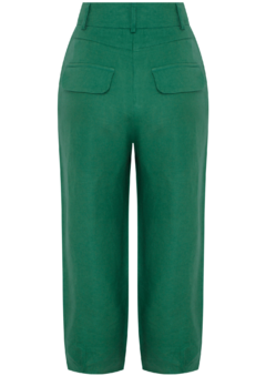 Calça feminina Cherry Verde Mata 100% linho liso. Com detalhe de pregas na frente. Marca Le Iris