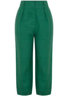 Calça feminina Cherry Verde Mata 100% linho liso. Com detalhe de pregas na frente. Marca Le Iris