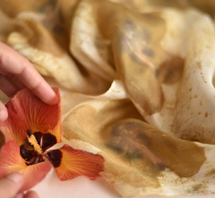 Echarpe de seda flor de algodoeiro-da-praia e casuarina tingimento natural Fernanda Mascarenhas