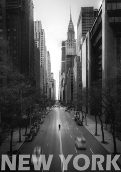 Placa decorativa com fotografia de avenida em Nova York com a escrita New York.