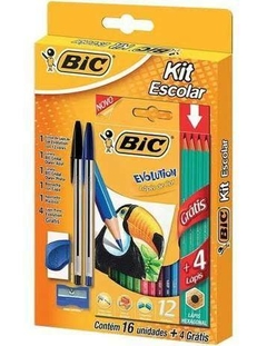 Kit Escolar BIC, 12 Lápis de Cor + 4 Lápis Preto Evolution + 2 Canetas Cristal Dura + 1 Borracha + 1 Apontador