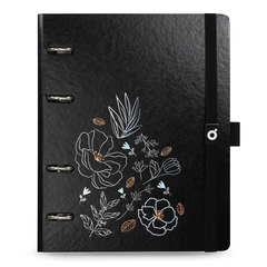 Caderno Argolado Preto Noir Flores com fechamento em elástico - Tamanho A5 (14,8x21cm) - Cor Preto