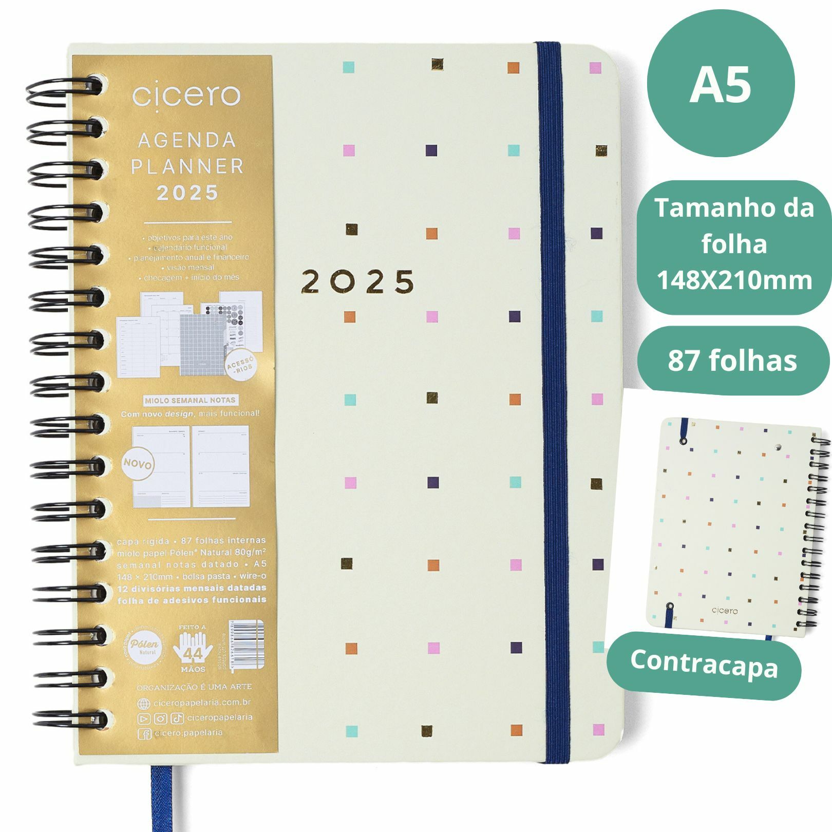 Agenda CICERO A5 2025 - Planner Wire-O Semanal Notas c divisória BOSSA NOVA PONTOS OFF WHITE - comprar online