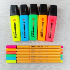 BOX 06 - 5 MARCA TEXTO STABILO BOSS NEON + 6 CANETAS FINELINER 88 NEON