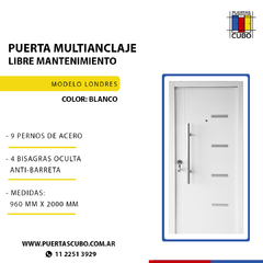 Puerta Blindada Multianclaje; 7 Anclajes Con Barral, Hoja 70mm Blanca - Modelo Londres -