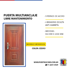 Puerta Blindada Multianclaje; 7 Anclajes, Dos Tableros Cedro - Modelo Mendoza -