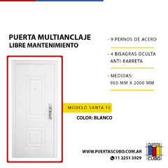 Puerta Blindada Multianclaje; 7 Anclajes, Dos Tableros Blanca - Modelo Santa Fe -