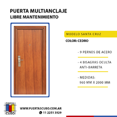 Puerta Blindada Multianclaje; 7 Anclajes, Lisa Simil Madera - Modelo Santa Cruz -