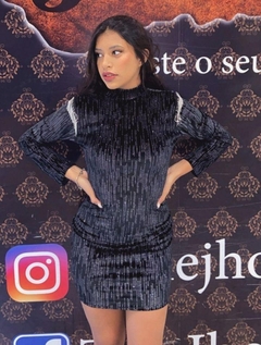 Vestido Preto Franja Brilho Manga LD