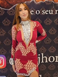 Vestido Vermelho Bordado Manga TP na internet