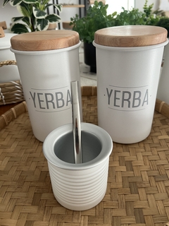 SET TARROS YERBA+AZUCAR BLANCOS TAPA MADERA 1KG en internet