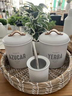 SET TARROS DE YERBA Y AZUCAR BLANCO CON MANIJA DE CUERO - comprar online