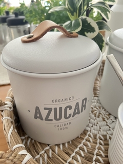 SET TARROS DE YERBA Y AZUCAR BLANCO CON MANIJA DE CUERO - tienda online