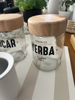 FRASCOS DE YERBA Y AZUCAR C/TAPA DE MADERA