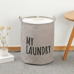 CESTO TELA "MY LAUNDRY" GRIS C/MANIJA DE CUERO