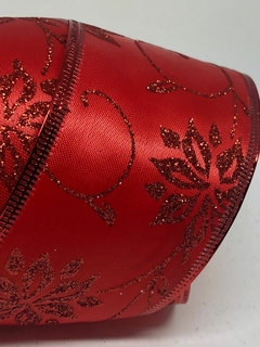 Fita Natalina tecido vermelho flores em glitter rolo c/ 9,14 metros