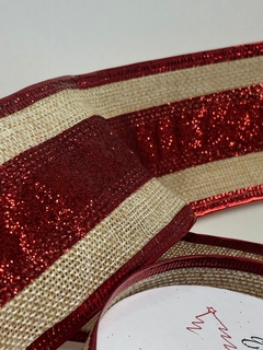 Fita Natalina em Juta com faixa vermelha de glitter rolo c/ 9,14 metros - comprar online