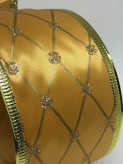 Fita Natalina Tecido Dourado com detalhe em gliter rolo c/ 9,14 metros
