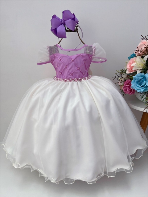 Vestido Infantil Princesa Sofia Lilás Aplique Pérolas Luxo