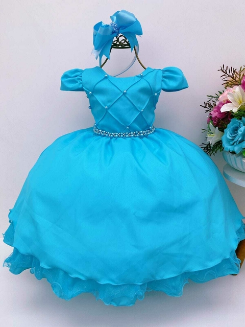 VESTIDO INFANTIL PRINCESA ARIEL PÉROLAS RENDA BRILHO