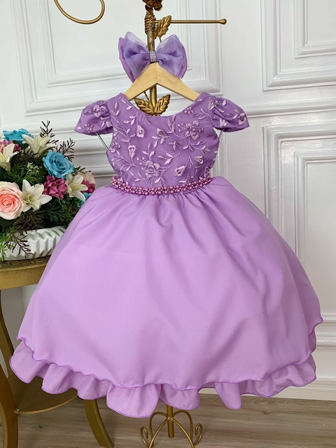 VESTIDO INFANTIL LILÁS C/ CINTO DE PÉROLAS CASAMENTO LUXO