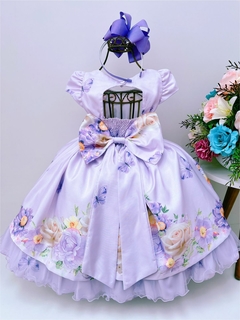 VESTIDO INFANTIL LILÁS C/ CINTO DE PÉROLAS CASAMENTO LUXO