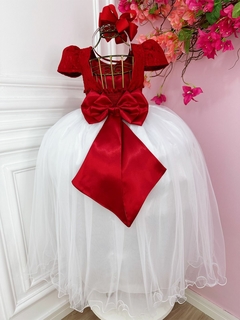 Vestido Infantil Branco e Vermelho Floral Luxo Princesa Dama