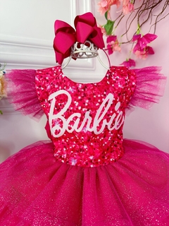 Vestido Infantil Barbie Rosa Brilho e Saia de Tule