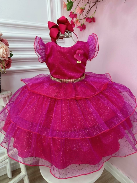 Vestido Infantil Barbie Saia Rosa de Tule Com Glitter - Rosa