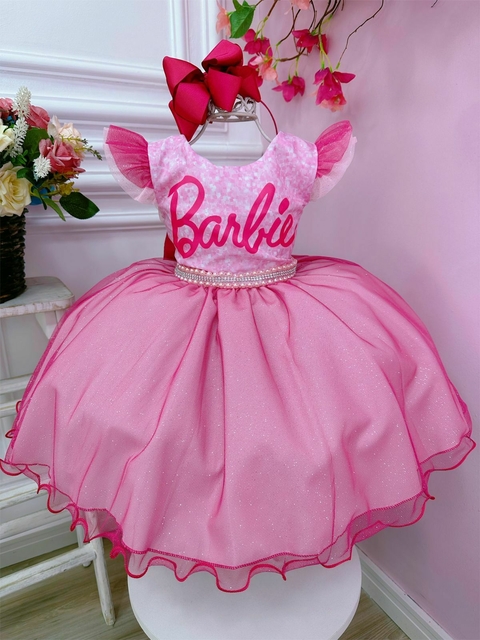 Vestido Infantil Princesa Barbie Rosa Chiclete Com Cinto