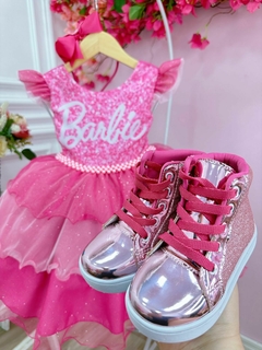 Vestido Infantil Barbie Rosa Brilho e Saia de Tule