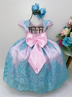 vestido infantil princesa rosa e azul com renda trabalhada