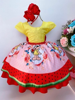 Vestido infantil com listras brancas e flores vermelhas