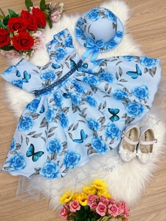 VESTIDO INFANTIL AZUL FLORES LUXO PRINCESA FESTA PÉROLAS