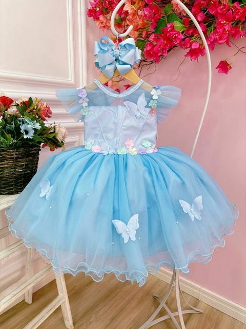 VESTIDO INFANTIL AZUL FLORES LUXO PRINCESA FESTA PÉROLAS