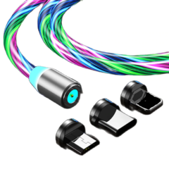 Cabo Magnético Luminoso Led 3 em 1 - Carregador p/ Smartphone: Micro USB + USB Tipo C + Lightning