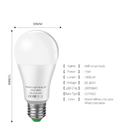Lâmpada SMART LED LIGHT BULB 15W E27 Wi-Fi Tuya, Alexa, Google Home