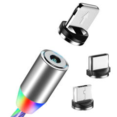 Cabo Magnético Luminoso Led 3 em 1 - Carregador p/ Smartphone: Micro USB + USB Tipo C + Lightning - Smartechome | Casa Inteligente ,Automação Residencial, Eletrônicos