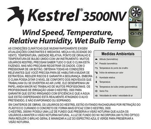 Kestrel 3500NV Estação Meteorológica Portátil de Bolso | Visão Noturna | Perfeito para Irrigação e Canteiros de Obras - comprar online