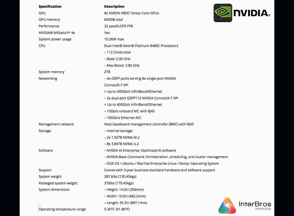 NVIDIA DGX H800 640GB SXM5 2TB , Super Computador IA - Loja do Jangão - InterBros
