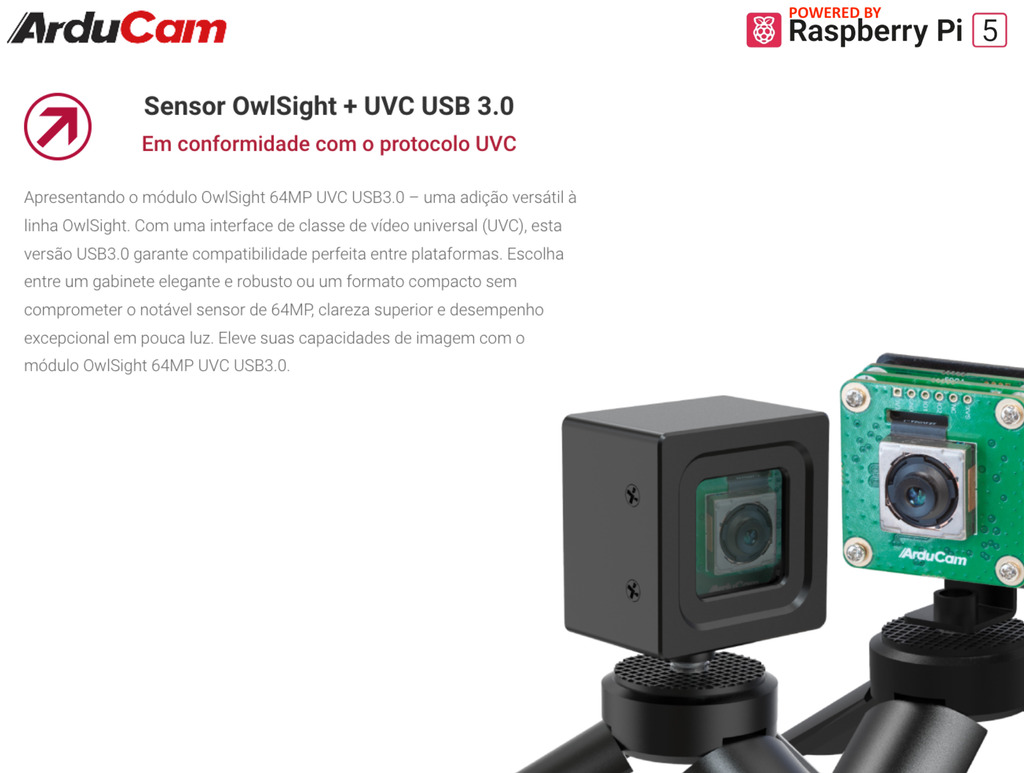 Arducam 64MP Motorized Focus USB 3.0 Camera Module , Raspberry Pi 5 , Sem Case , B0475-1 - loja online