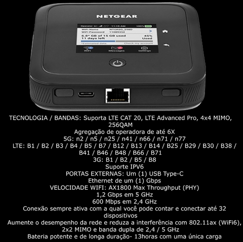 Image of Netgear Nighthawk M5 5G WiFi 6 Mobile Router Unlocked l Hotspot Roteador Móvel | Ultrarrápido 5G | Desbloqueado para todas as Operadoras | Conecta até 32 Dispositivos Sim card não incluído l Conecta até 32 Dispositivos l Ativado para Uso Doméstico ou Comercial l Bateria Adicional e Antena opcional também disponíveis