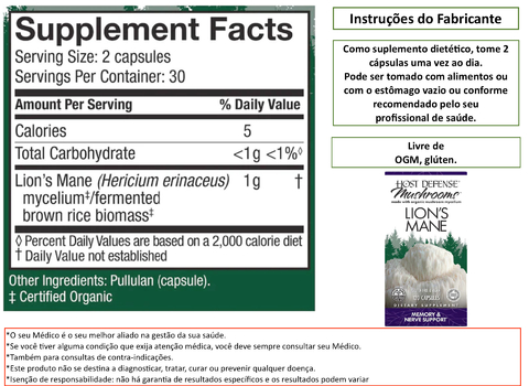 Host Defense Lion's Mane (Juba de Leão) Capsules Promove Clareza Mental, Foco e Memória Suplemento de Cogumelo 120 Cápsulas