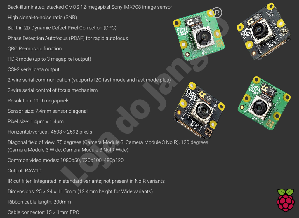 Raspberry Pi Camera Module 3 12 MP Auto Focus , Escolha: Standard , NoIR , Wide , Wide NoIR - comprar online