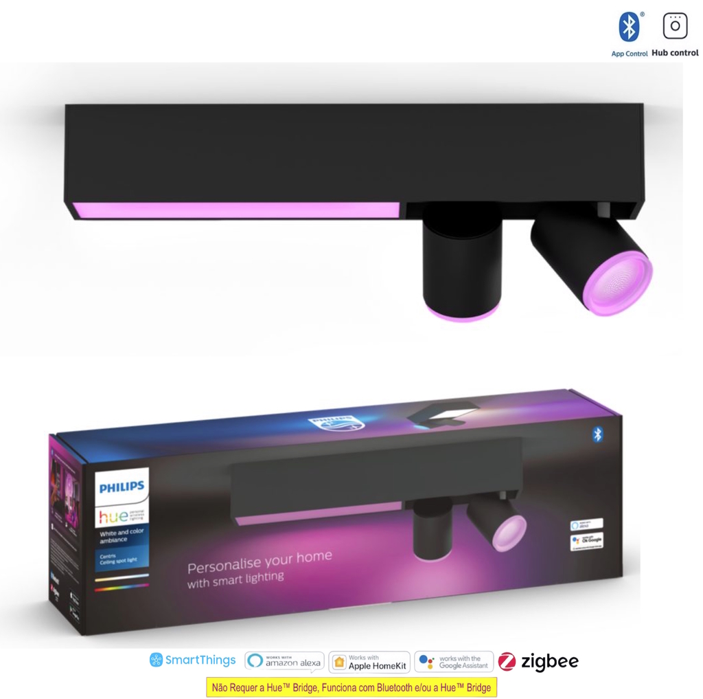 Philips Hue White & Color Ambiance Centris l Smart 2-Spots Ceiling Bar l Luminária de Teto l Ajuste cada Luz Individualmente l Poderoso Fluxo Luminoso 1.560 lumen l Compatível com Alexa, Apple Homekit & Google Assistant | Funciona com Bluetooth e/ou com a Hue Bridge