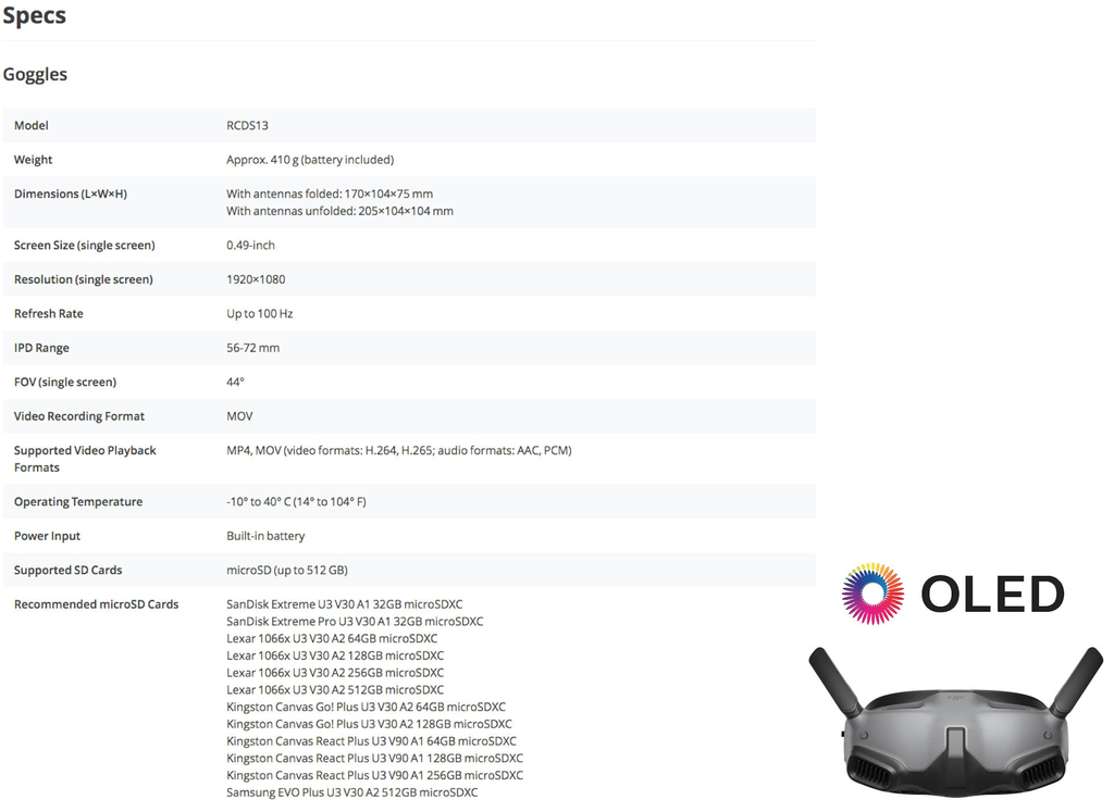 Dji best sale goggles specs