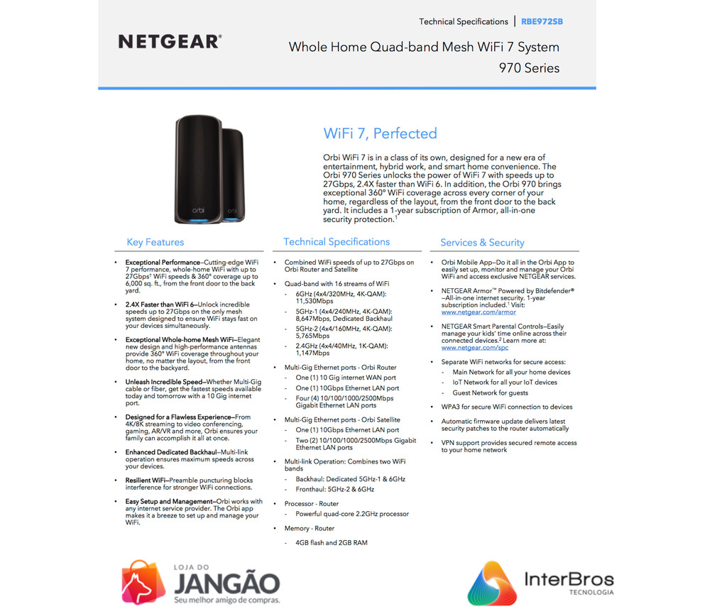 NETGEAR Orbi 970 Series Quad-Band WiFi 7 Mesh Network System RBE972S, 10 Gig Internet Port, BE27000 , 610m² - comprar online