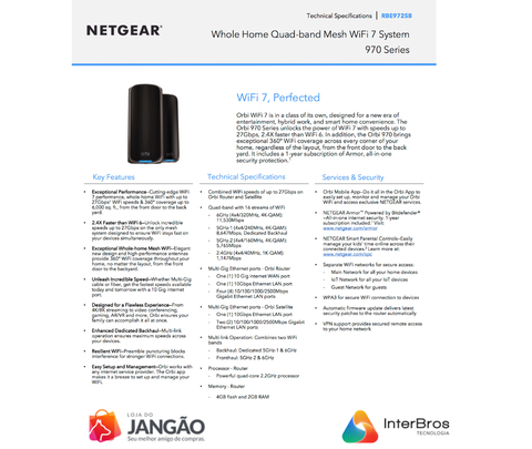 NETGEAR Orbi 970 Series Quad-Band WiFi 7 Mesh Network System RBE972S, 10 Gig Internet Port, BE27000 , 610m² - buy online