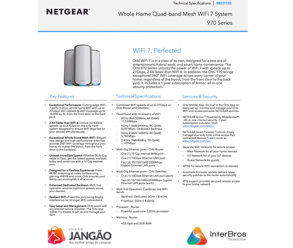 NETGEAR Orbi 970 Series Quad-Band WiFi 7 Mesh Network System RBE973S, 10 Gig Internet Port, BE27000 , 930m² - buy online